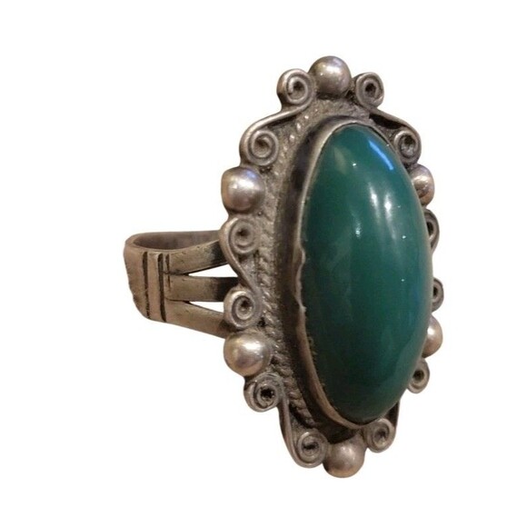 Vintage Sterling Silver Mexico Dark Green Jade Stone Ring Sz 6.5 Signed - Picture 2 of 8